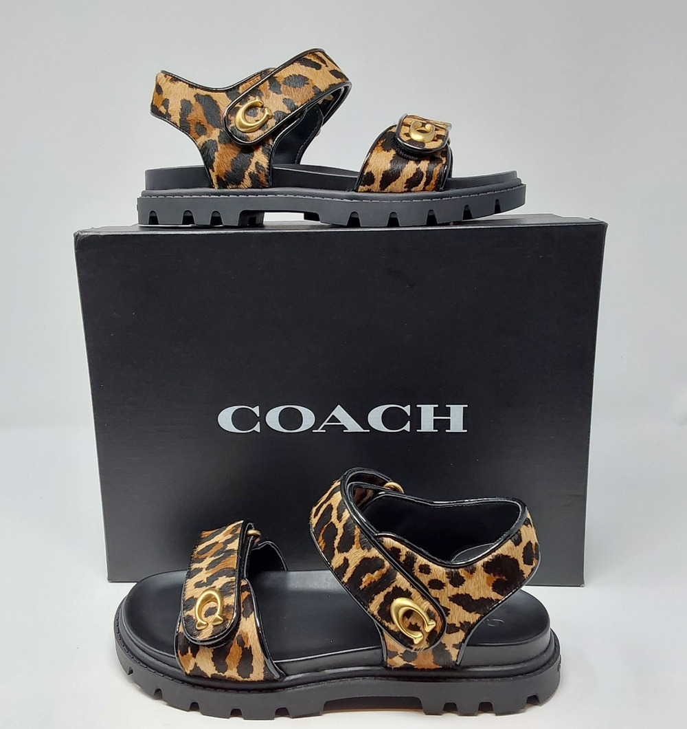Coach Brynn Womens 6.5 Leopard Haircalf Lug Sole Sandals CCH49 Natural